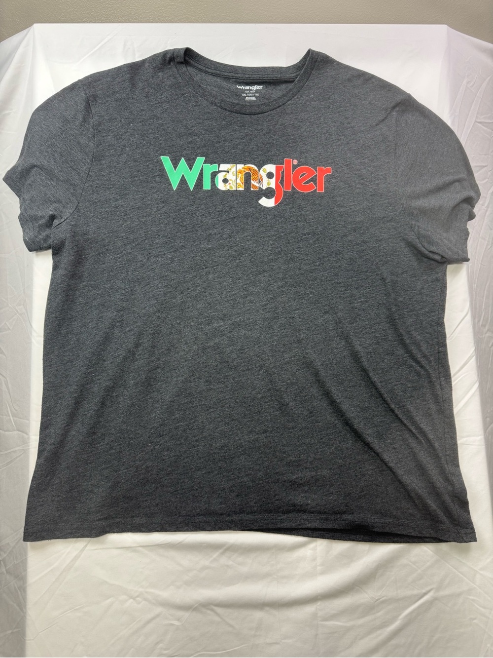 Wrangler Charcoal Short Sleeve Tee with Green, White, Orange Logo